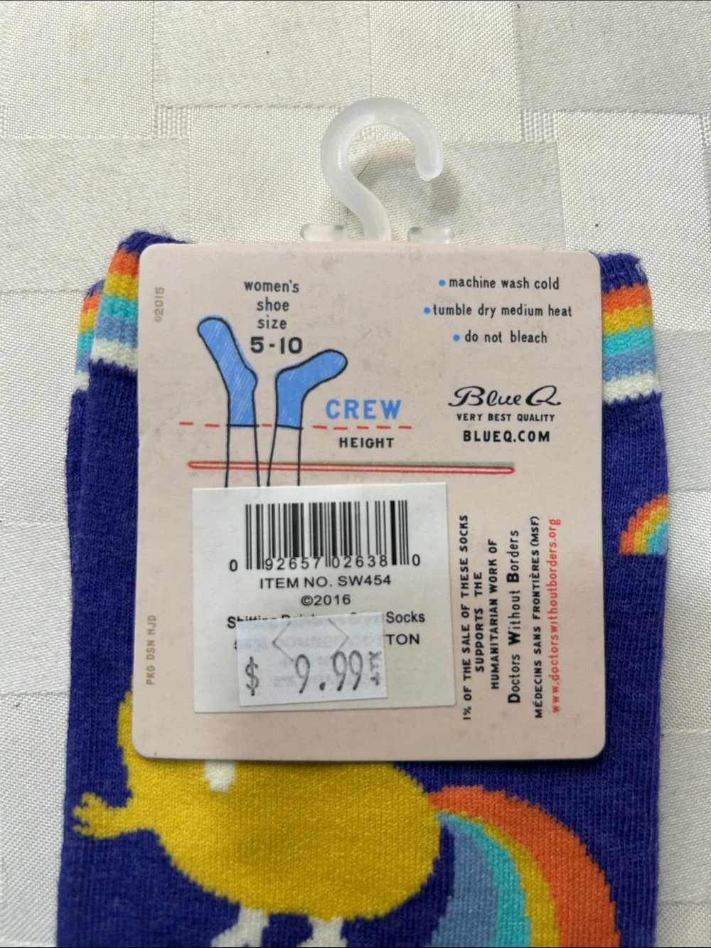 Blue Q Purple Crew Socks with Rainbow Graphic and Light Blue Accents